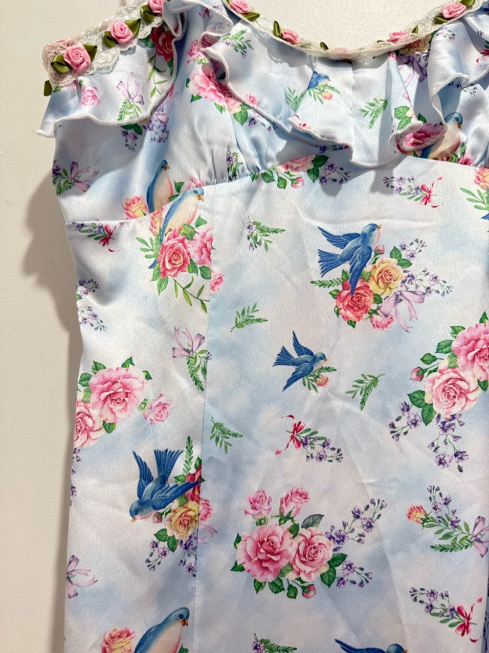 Pastel Blue Floral Satin Ruffle Dress with Lace - Picture 5 of 8